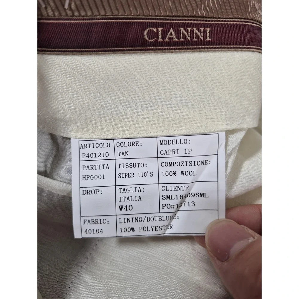 Cianni Cellini Dress Pants Mens 40x36 Tan SuperGab Wool Pleated Capri 1P NWT